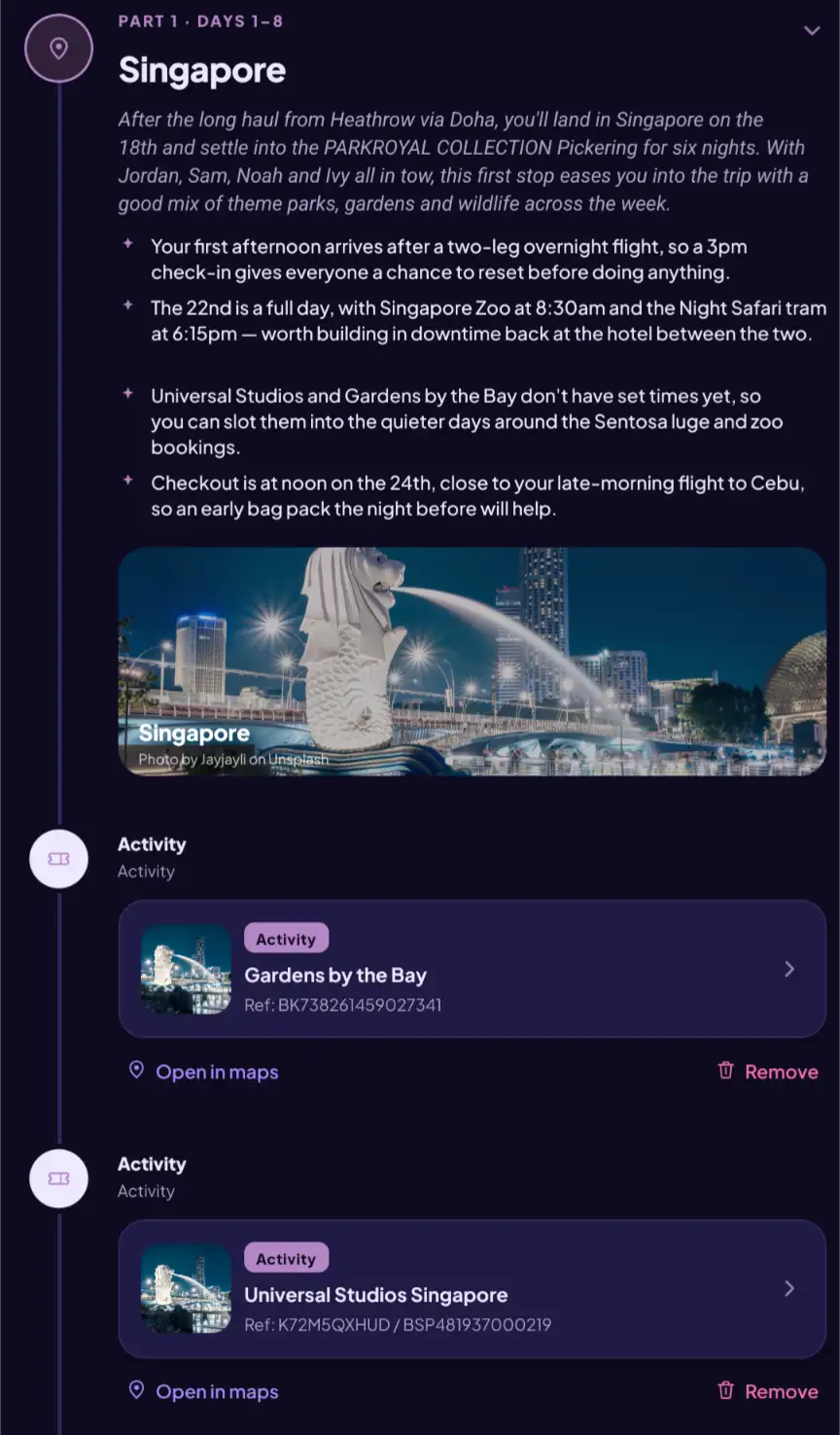 Singapore stop in the app, with the destination photo and two booked activities listed below it