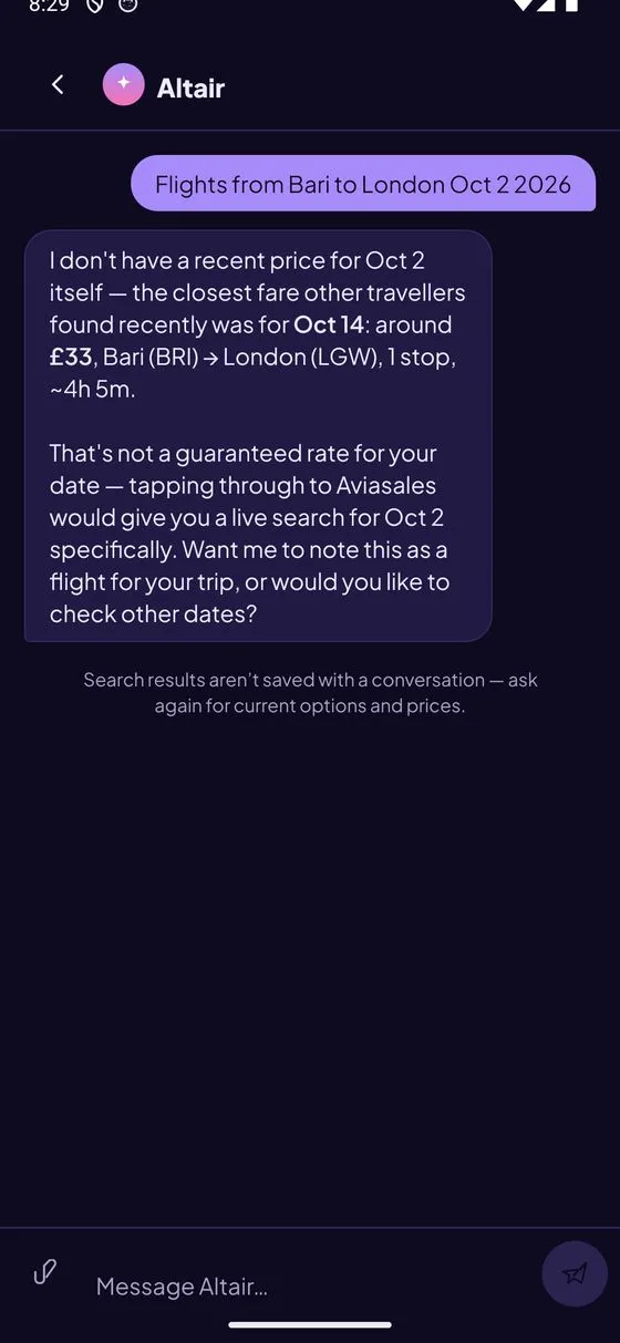 The Altair concierge answering a real question about flights