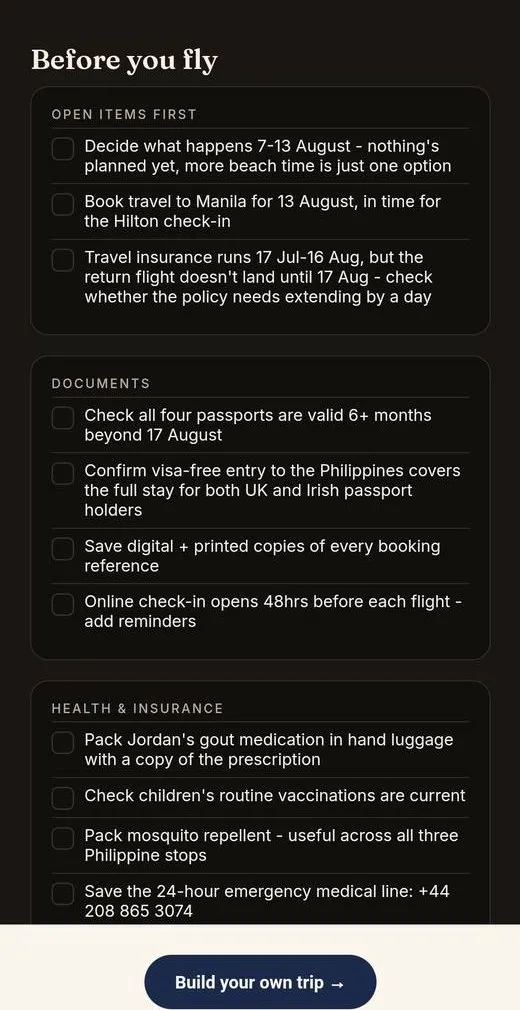 Before you fly page listing open items, documents and health checks