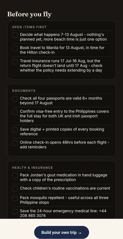 Before you fly page listing open items, documents and health checks
