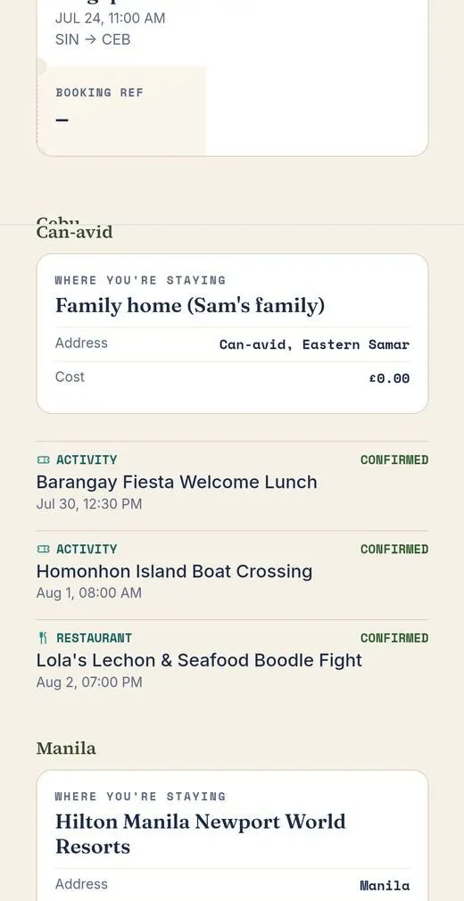 Booking detail cards for flights, stays and activities