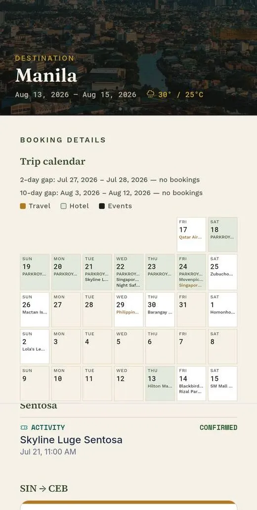 Booking details page with the trip calendar and both gap warnings
