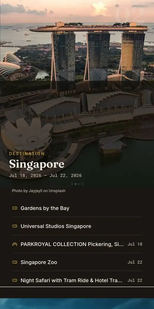 Destination page for Singapore with its activity list