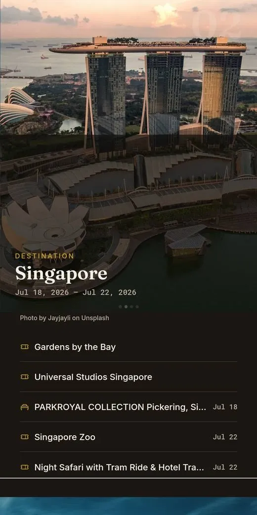 Destination page for Singapore with its activity list