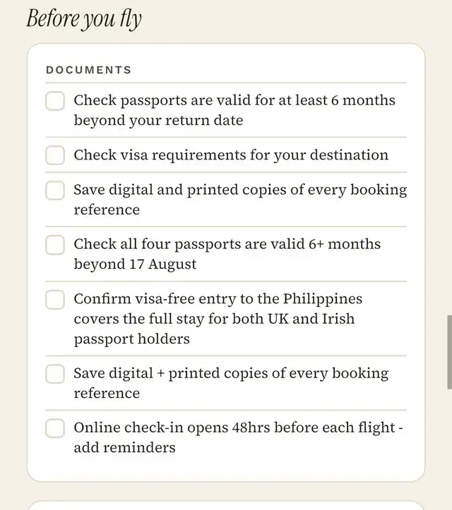 Before you fly checklist, documents section
