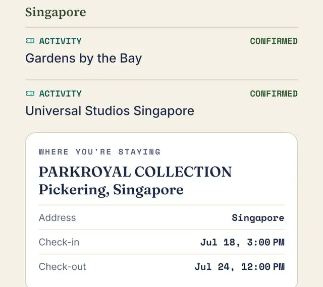 Booking cards for activities and a hotel stay