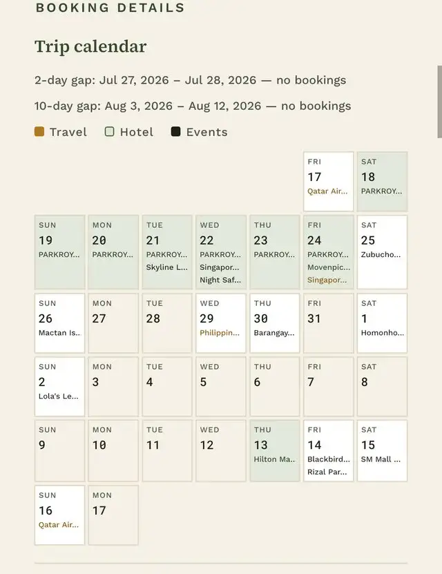 Trip calendar with both gap warnings