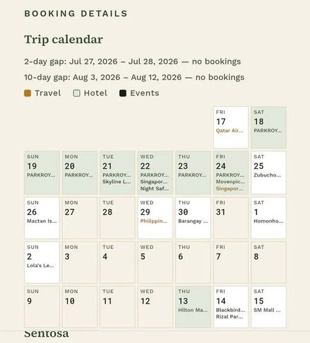 Trip calendar showing the gaps Altair found