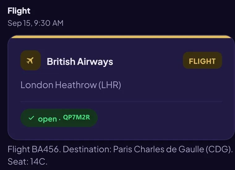 A single confirmation, parsed into a typed flight card