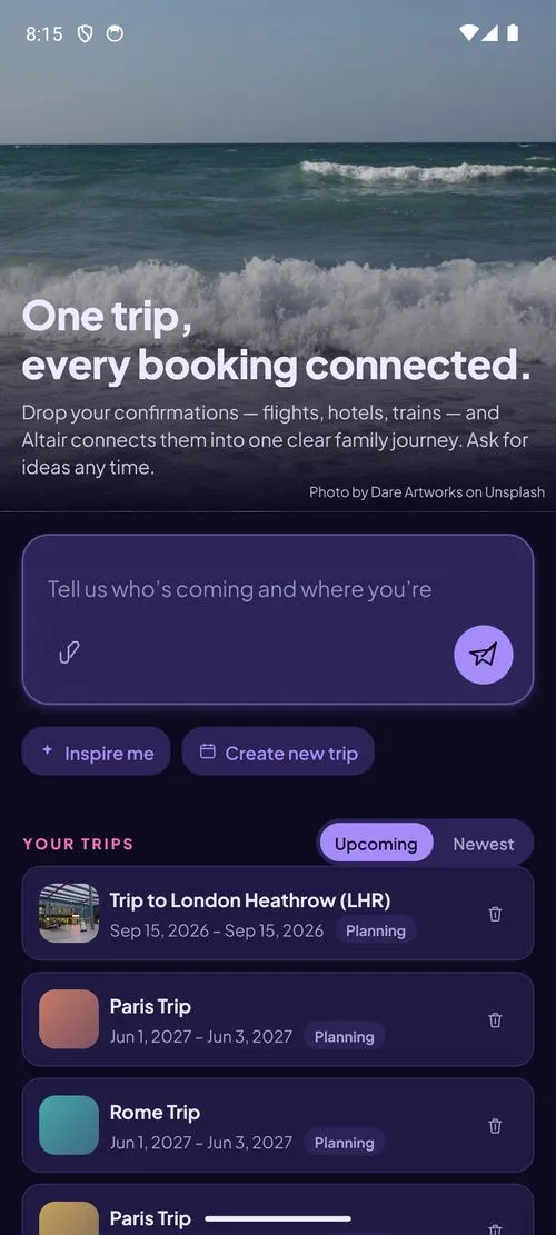 Altair home screen with the trip list