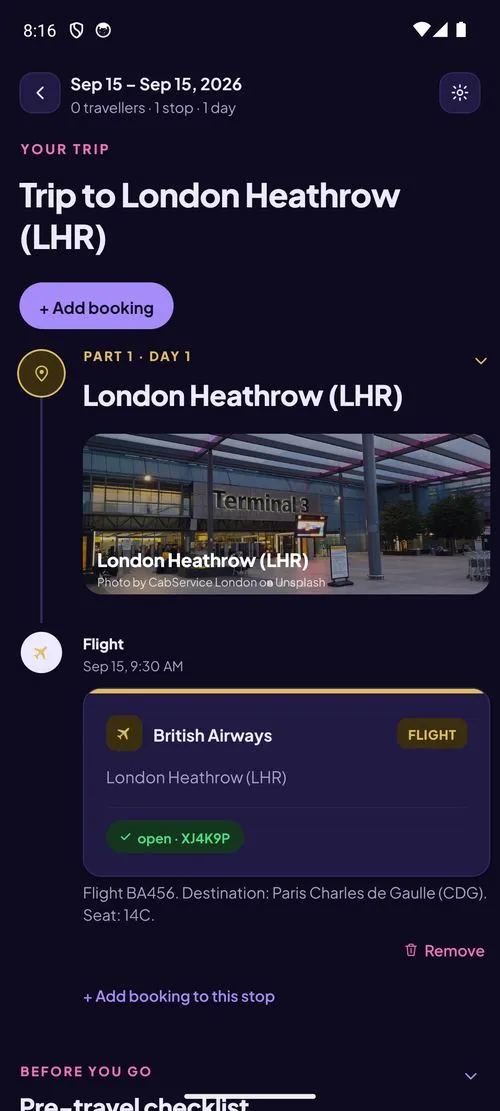 The assembled trip page with typed booking cards